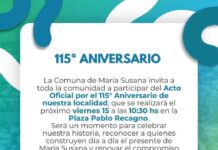 La Comuna de María Susana invita a toda la comunidad a participar del Acto Oficial por el 115° Aniversario de la localidad